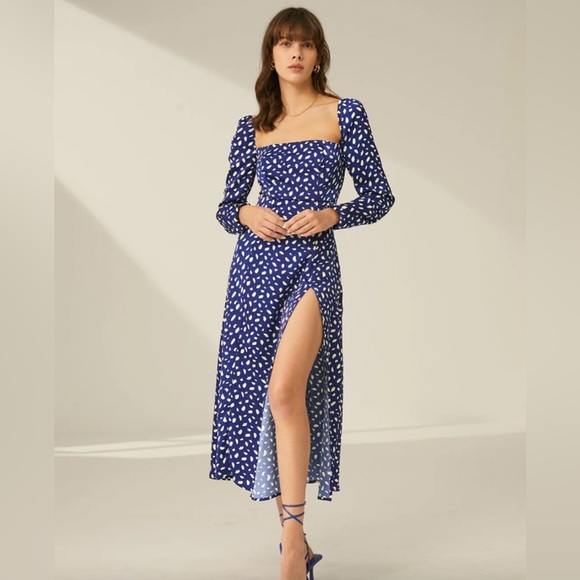 Square Neck Long Sleeve Patterned Slit Dress - Picture 4 of 4